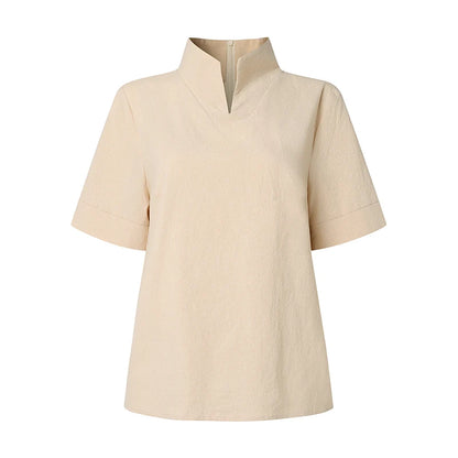 ZANZEA Fashion Cotton Linen Blouses Woman Stand Collar Back Zipper Short Sleeve Solid Tops Summer Minimalist Thin Blusas Mujer