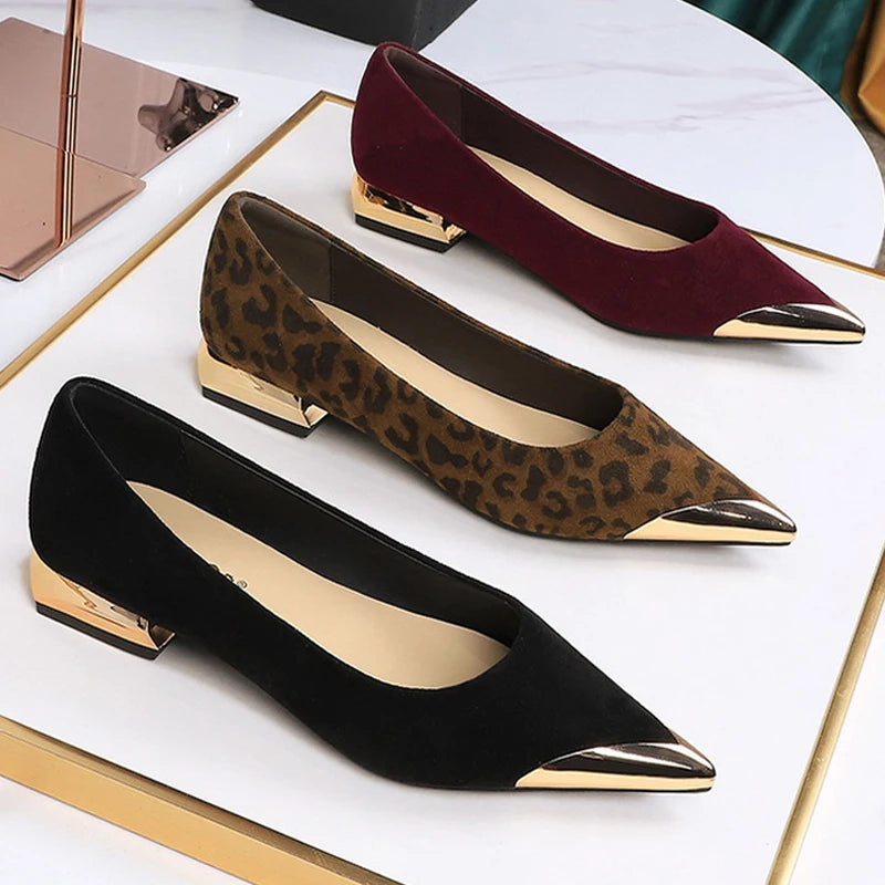 Retro Women's Low Heeled Shoes Suede Ladies Shoes Metal Pointed Tip Women Shoes Comfortable Female Shoes Low Heel Office Shoes