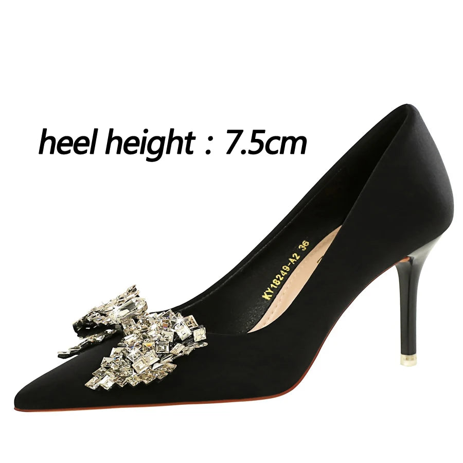 BIGTREE Shoes Luxury High Heels Women Pumps Rhinestone Bowknot Banquet Shoes Women Heels Stiletto Sexy Party Shoes Plus Size 43
