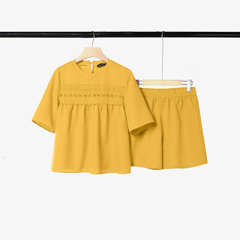ZANZEA Women Casual 2 Pieces Sets O-Neck Half Sleeve Lace Patchwork Blouse & Elastic Waist Shorts Solid Color Loose Suits Outfit