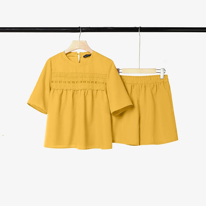 ZANZEA Women Casual 2 Pieces Sets O-Neck Half Sleeve Lace Patchwork Blouse & Elastic Waist Shorts Solid Color Loose Suits Outfit