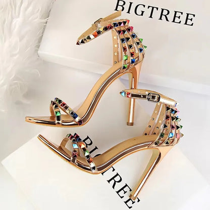 BIGTREE Shoes Color Rivets Women Sandals Roman Style Heeled Sandals Hollow Out High Heels Stiletto Sexy Party Shoes Sandals