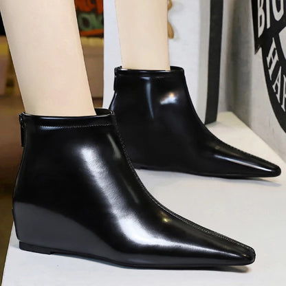 BIGTREE Shoes Patent Leather Short Boots Women Wedges Shoes Rear Zipper Short Leather Boots Low Heeled Women's Ankle Boots New