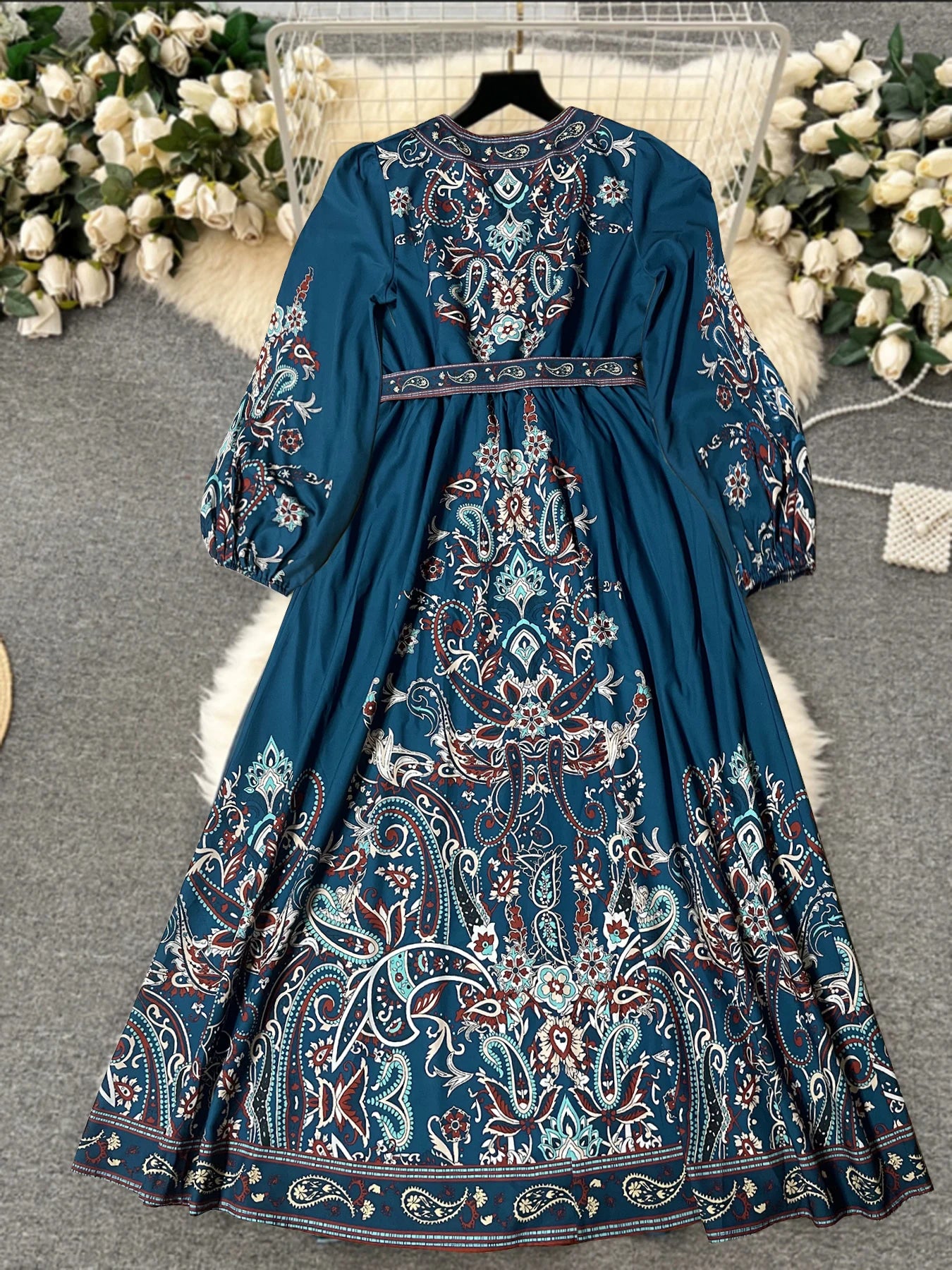 Spring Autumn Plus Size New Vintage Print Elegant Holiday Style Dress Middle East Robe Ethnic Long Sleeve V-Neck Belted Commute