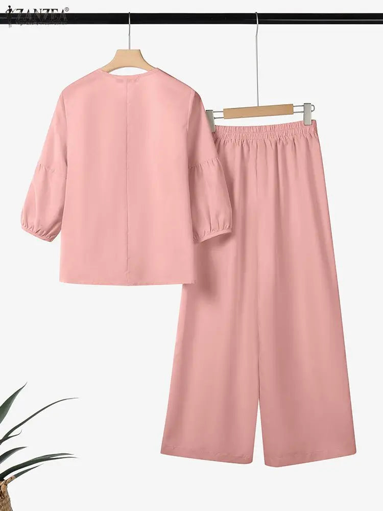 2026 ZANZEA Spring Pant Sets Women 2PCS Outfits O Neck 3/4 Sleeve Blouse Trousers Casual Solid OL Work Tracksuit 2 Pieces Sets