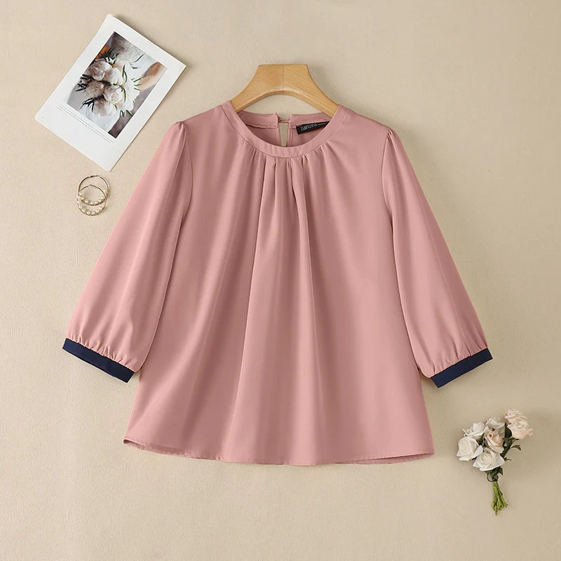 ZANZEA Woman Casual Blouses Gathered O-Neck Contrast-Trim 3/4 Sleeve Solid Color Tops 2026 Summer Everyday Wear Blusas de Mujer