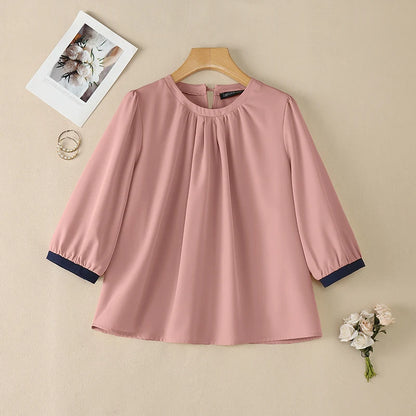 ZANZEA Woman Casual Blouses Gathered O-Neck Contrast-Trim 3/4 Sleeve Solid Color Tops 2026 Summer Everyday Wear Blusas de Mujer
