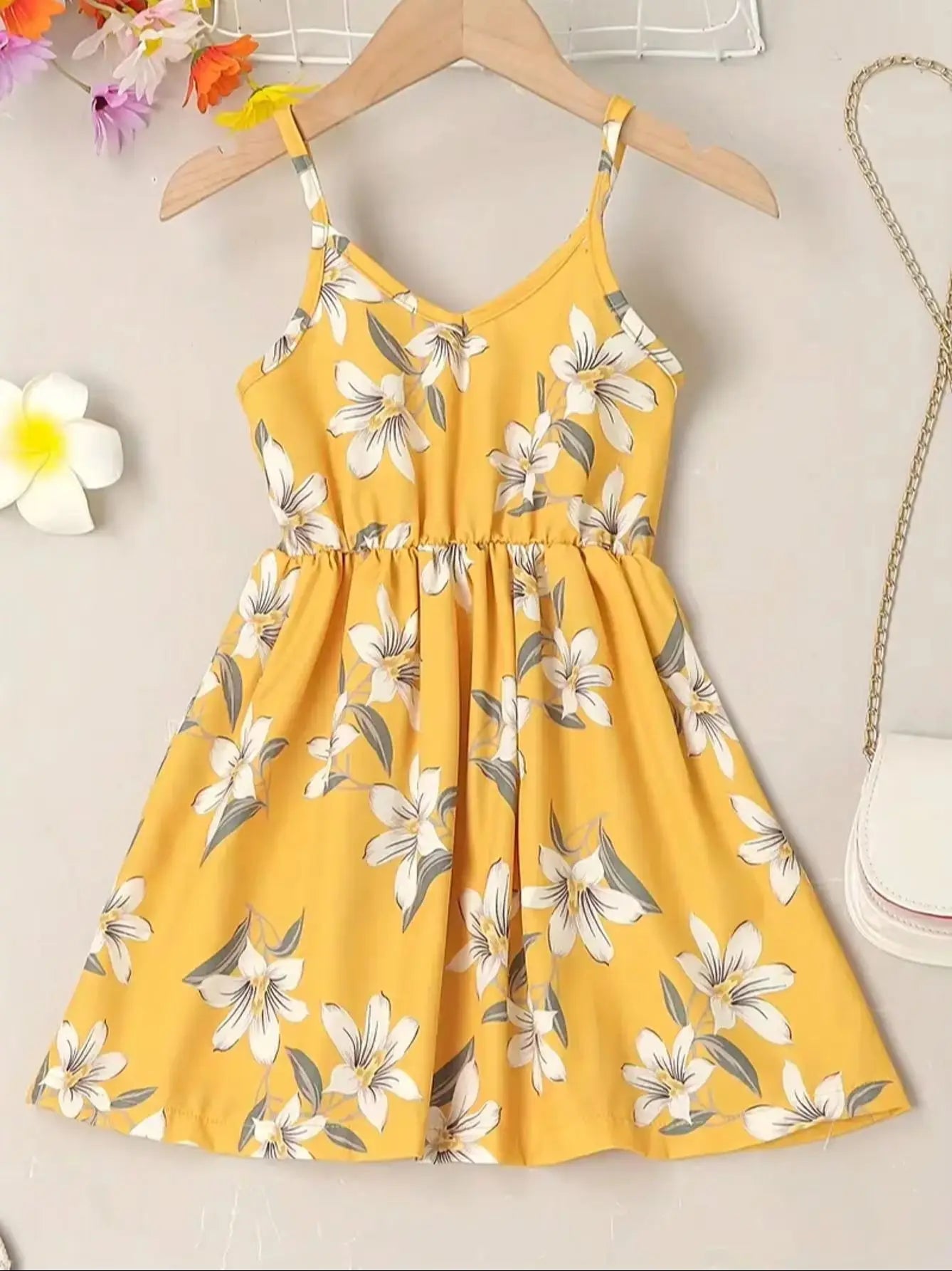 Little Girl's Floral Pattern Camisole Dress V-Neck Elastic Waist Party Beach Dress Cute Summer Vest Dress for Kids