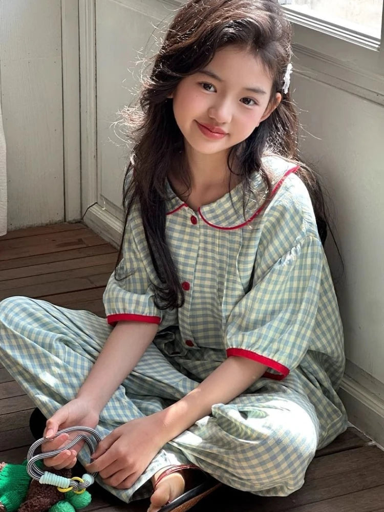 Girls Summer Ice Silk Short Sleeve Loungewear Set with Doll Collar for Home Outdoor and Air Conditioning Wear