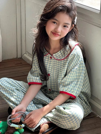 Girls Summer Ice Silk Short Sleeve Loungewear Set with Doll Collar for Home Outdoor and Air Conditioning Wear