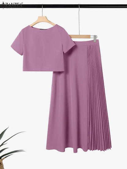 ZANZEA Fashion 2 Pieces Skirt Sets Women Elegant Boatneck Short Sleeve Crop Tops and Pleated Long Skirts Suits Woman Outfits 3XL