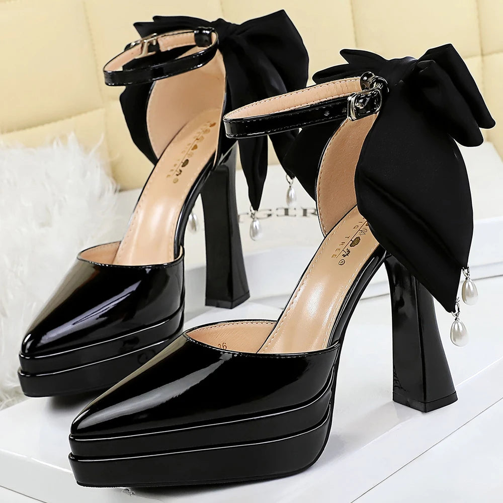BIGTREE Shoes Platform Pumps Women Shoes Chunky Heel Pointed High Heels 11.5 cm Patent Leather Ladies Shoes Bowknot Party Shoes