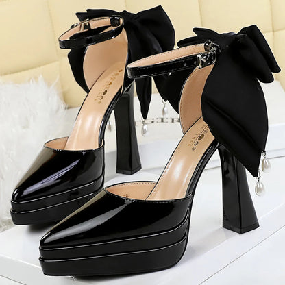 BIGTREE Shoes Platform Pumps Women Shoes Chunky Heel Pointed High Heels 11.5 cm Patent Leather Ladies Shoes Bowknot Party Shoes