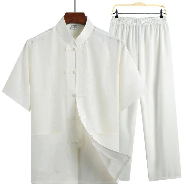 Men's Red Two-piece Summer Set: A Short Jacquard Shirt in Chinese Style Paired with Elastic-waist Pants. White, Gray, Beige-Blue