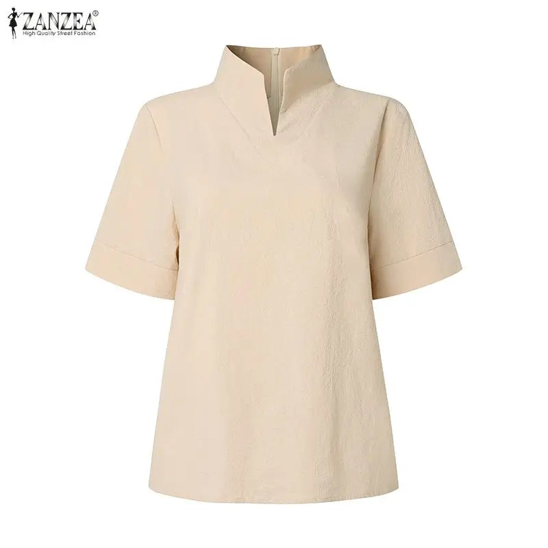 ZANZEA Fashion Cotton Linen Blouses Woman Stand Collar Back Zipper Short Sleeve Solid Tops Summer Minimalist Thin Blusas Mujer