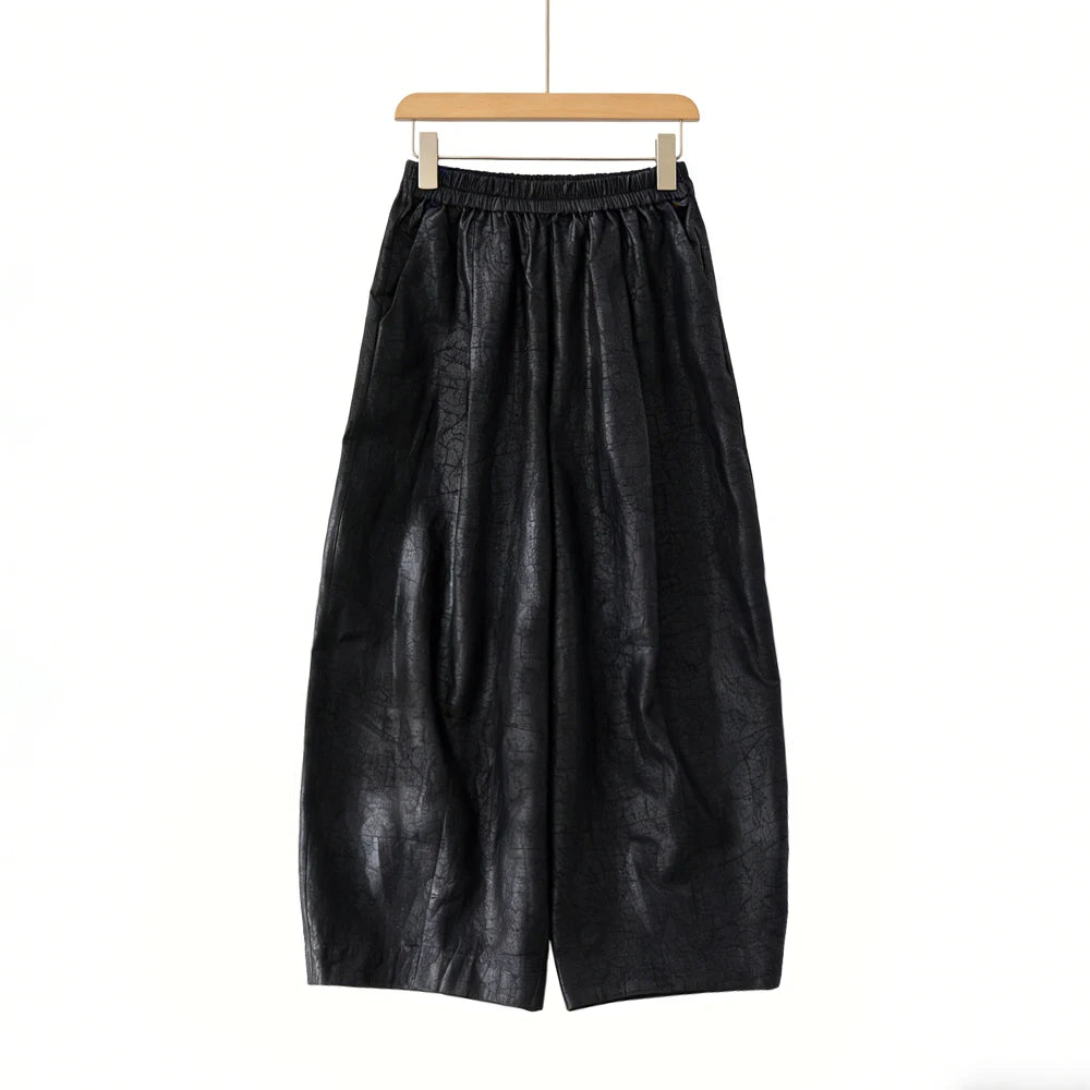 Plus Size Simple Black 100% Natural Mulberry Silk Fragrant Cloud Silk Turtle Crack Temperament Versatile Loose Wide Leg Pants