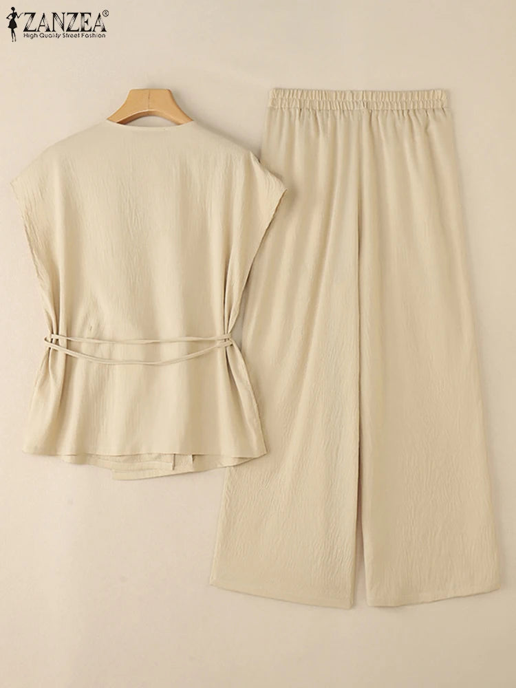 Fashion Women Two Pieces Sets ZANZEA Summer 2PCS Office Outfits V Neck Sleeveless Blouse Pant Sets Solid Tracksuit Trousers Suit