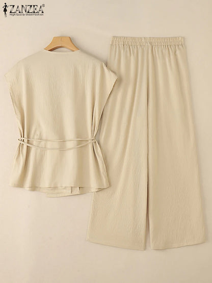 Fashion Women Two Pieces Sets ZANZEA Summer 2PCS Office Outfits V Neck Sleeveless Blouse Pant Sets Solid Tracksuit Trousers Suit
