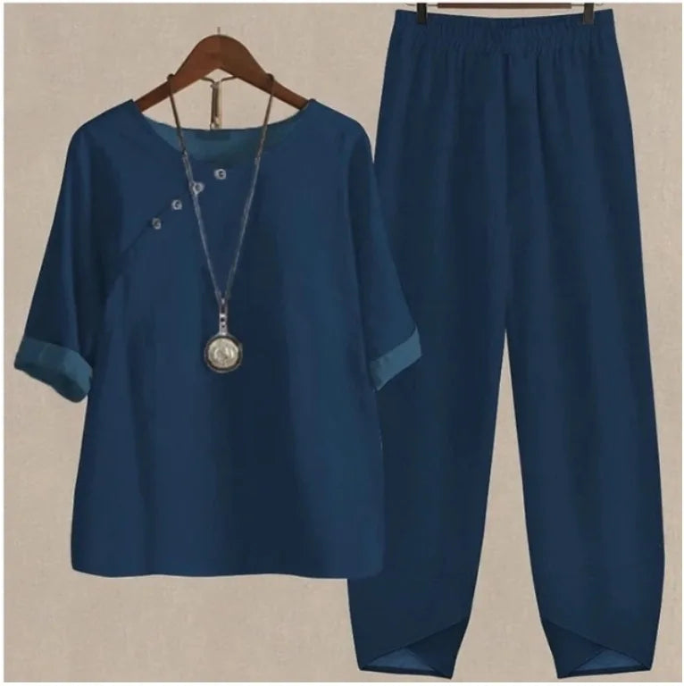 Summer Casual Two Piece Sets Women Loose Short Sleeve T-Shirt High Waist Pants Print Outfits Ladies Elegant Vintage top Pantsuit