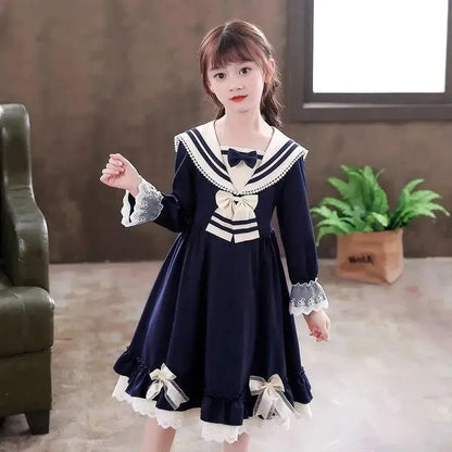 Girls' 2025 Spring/Autumn New Lolita Style Chic Bow Accented Long Sleeve Princess Dress for 4-12Y