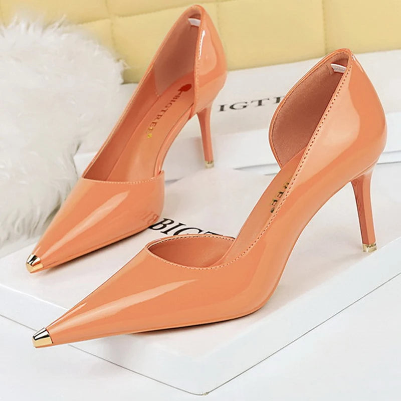 Patent Leather Shoes Women Pumps Metal Tip High Heels 7 Cm And 10.5 Cm Stilettos Sexy Party Shoes Kitten Heels Lady Office Shoes