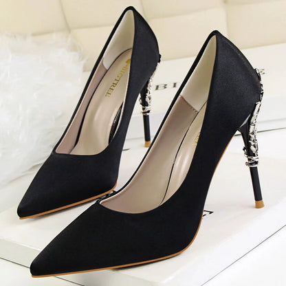 BIGTREE Shoes Women Pumps Flower Carved Metal Heel Women Shoes Fashion Wedding Shoes Satins Stilettos Heels 10 Cm High Heels