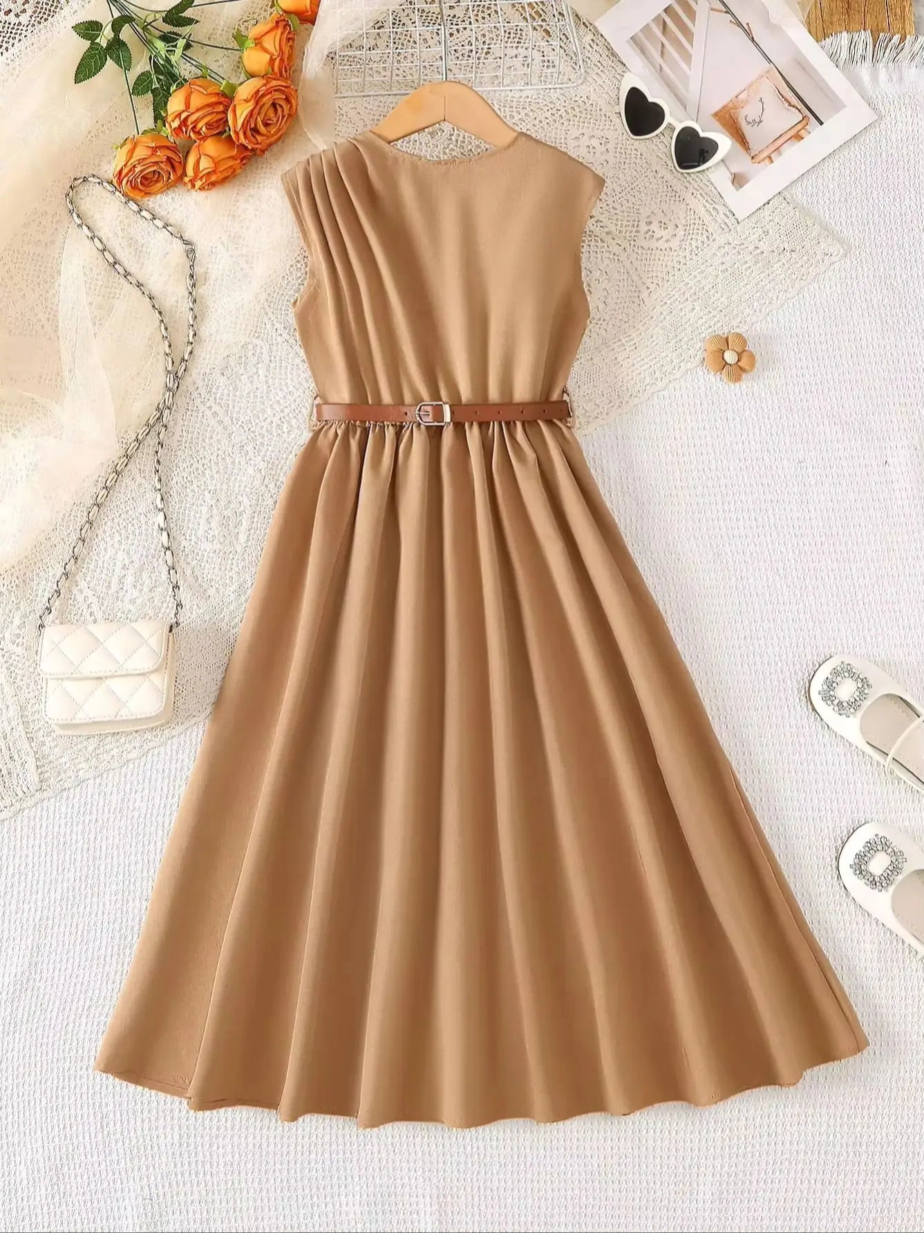 Girls Summer Sleeveless Elegant Pure Color Midi Dress Suitable for Daily Commute Outdoor Business Casual Chic Simple Design