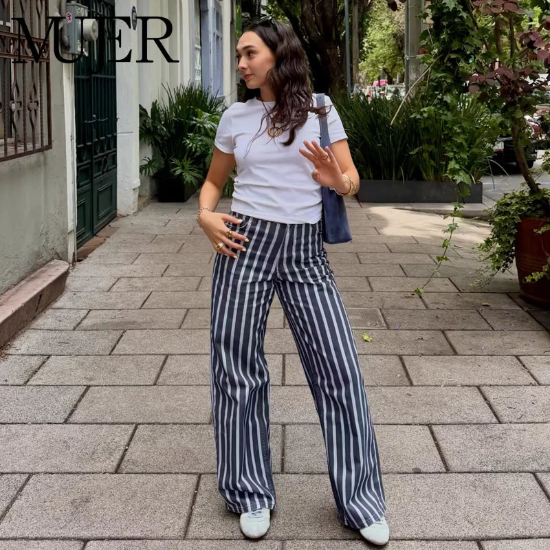 MUJER Striped Baggy Jeans Woman Summer Wide Denim Pants for Women Fashion Mid Waist Woman Trousers Streetwear Mom Women's Jeans