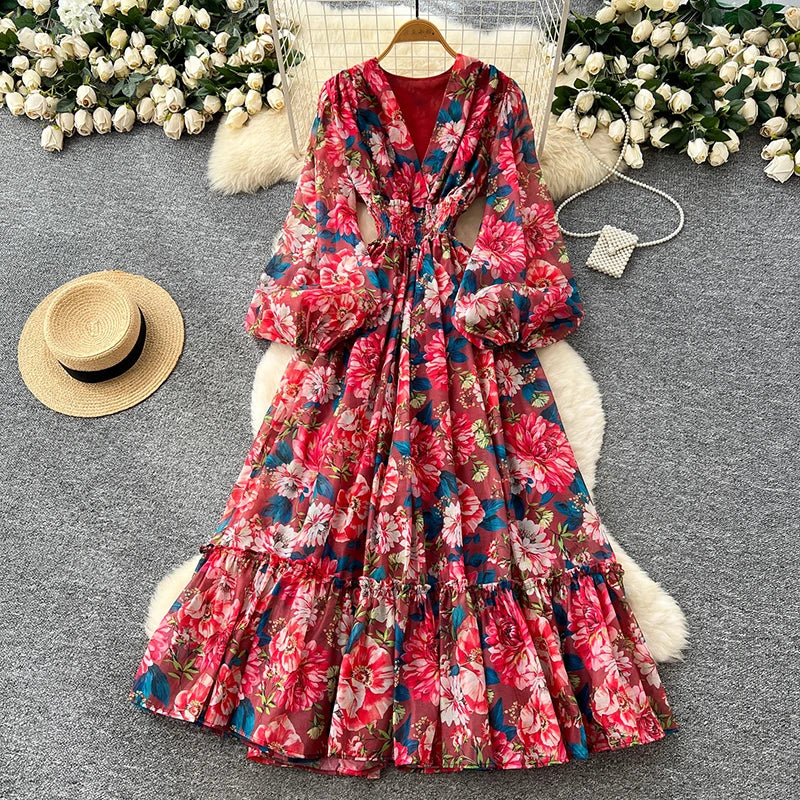 Spring Autumn French V-neck Lantern Sleeve Chiffon Dress Women Fashionable Elegant Elastic Waist Lotus Leaf Edge Length Dress L8