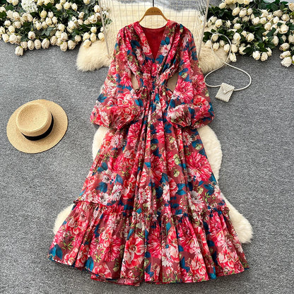 Spring Autumn French V-neck Lantern Sleeve Chiffon Dress Women Fashionable Elegant Elastic Waist Lotus Leaf Edge Length Dress L8