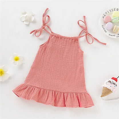 1-5 Years Old Kid Girl Summer Breathable Cotton Slip Dress Adjustable  Solid Color Halter Dress Toddler Girl Holiday Beachwea