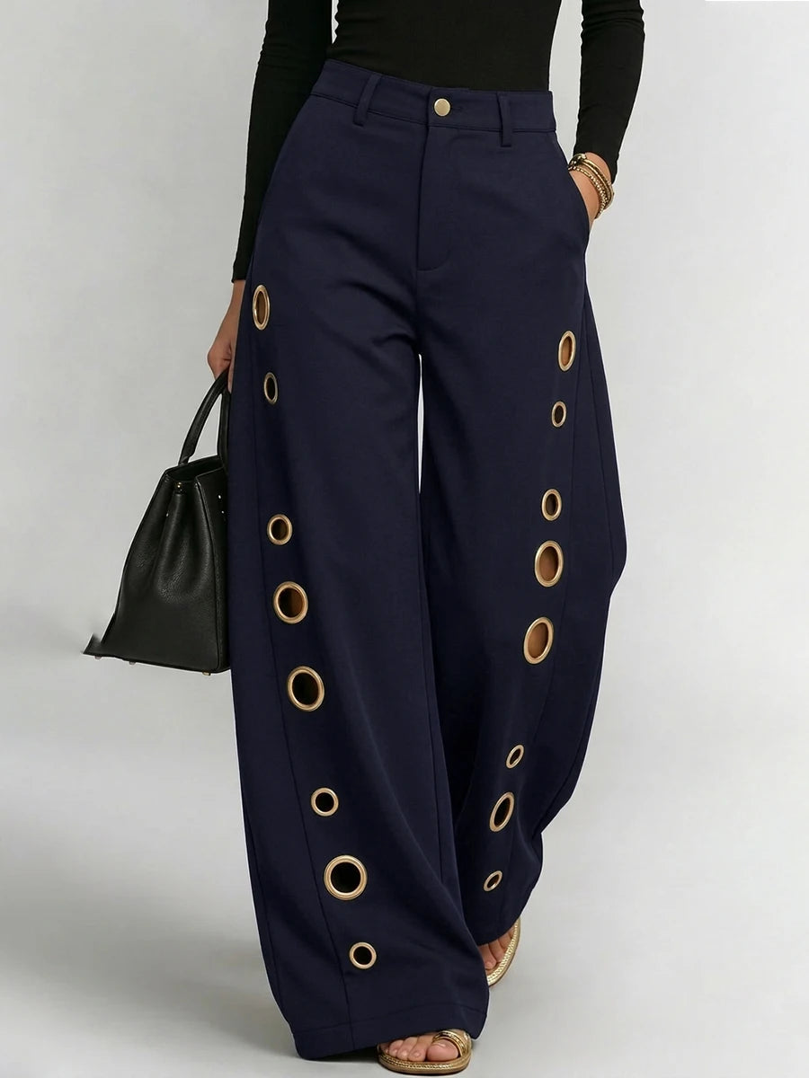 Bonboho Women's Solid Color Eyelet High Waist Wide Leg Pants 2026 Casual Streetwear Straight Leg Trousers Daily Wear Bottoms