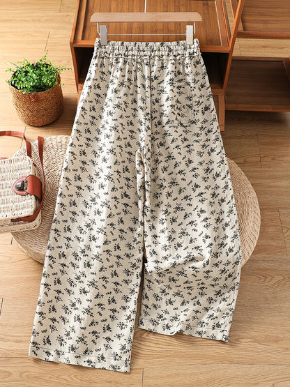 Summer Cotton Linen Wide Leg Pants High Waist Slim Straight Casual Loose Versatile Floral Print Nine Point Pants for plus Siz...