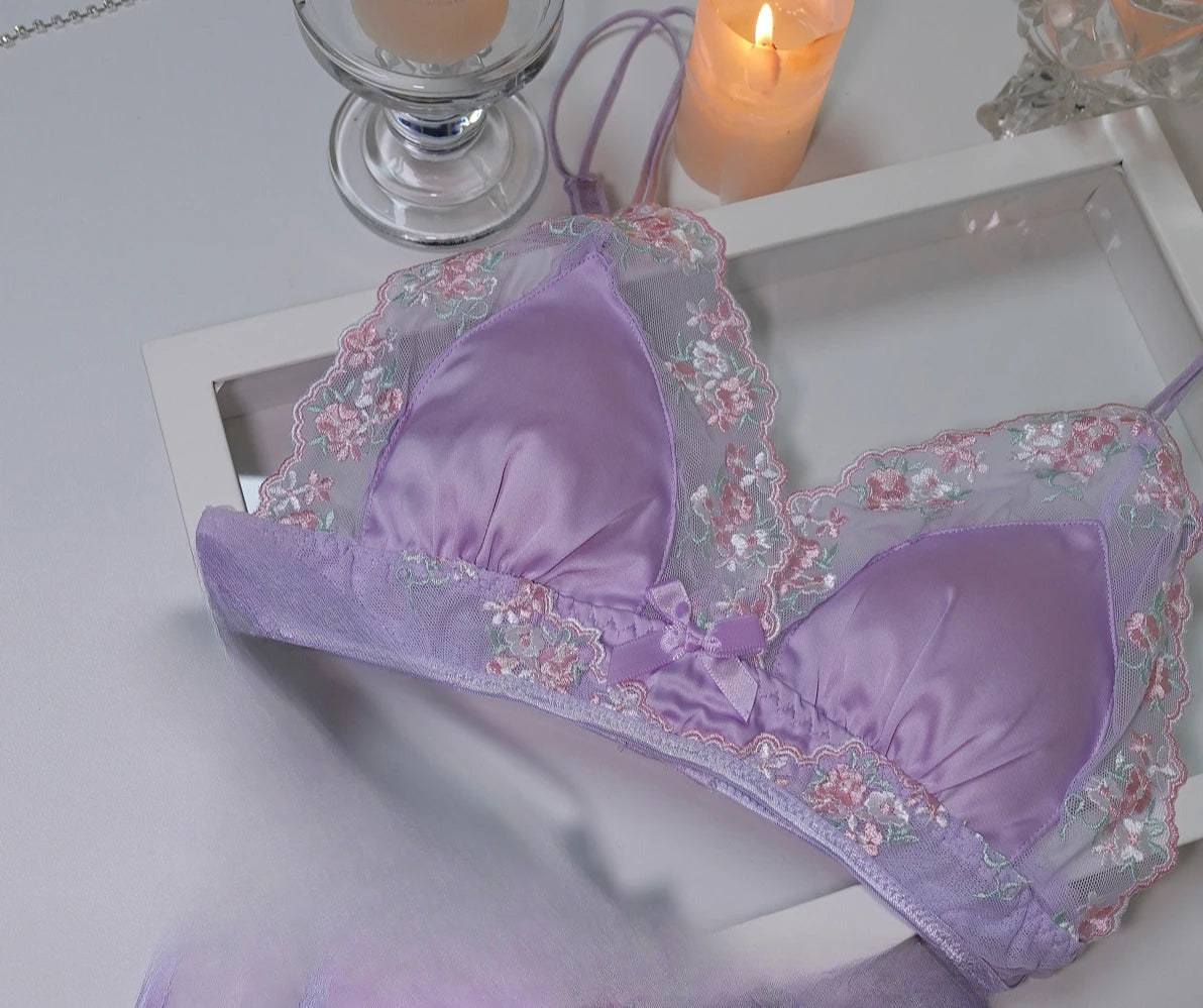 MOYISU Girls French Bra Thin Triangle Cup Purple Embroidery Light Luxury Silk Sexy Pure Desire Lace Underwear Set