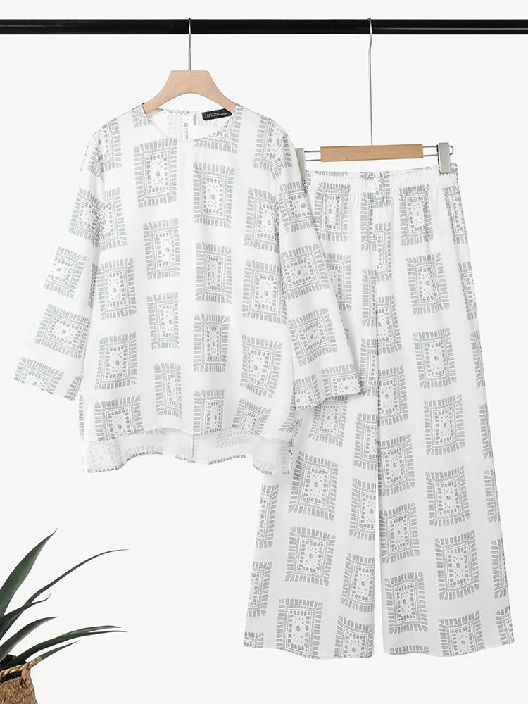 ZANZEA 2025 Autumn Printed Tracksuit Vintage Women Matching Sets Casual O Neck Long Sleeve Tops Wide Leg Pant Sets Loose Outfits