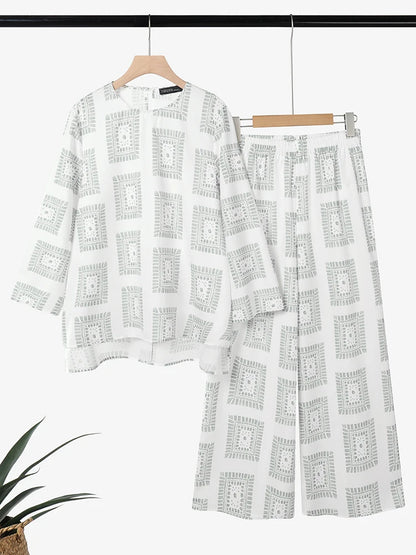 ZANZEA 2025 Autumn Printed Tracksuit Vintage Women Matching Sets Casual O Neck Long Sleeve Tops Wide Leg Pant Sets Loose Outfits