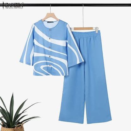 ZANZEA Summer Casual Daily Printing Pant Suits Woman Wide-Leg Pants & 3/4 Sleeve O-Neck Shirts 2 Piece Sets Women's Outfits 3XL