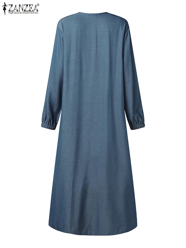 ZANZEA Ramadan Hijab Dresses Muslim Abaya Robe Femme Casual Long Sleeve Kaftan IsIamic Vestidos Women Denim Blue Maxi Dress 2025