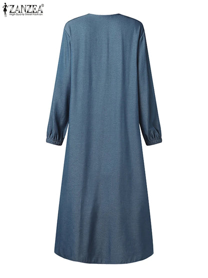 ZANZEA Ramadan Hijab Dresses Muslim Abaya Robe Femme Casual Long Sleeve Kaftan IsIamic Vestidos Women Denim Blue Maxi Dress 2025