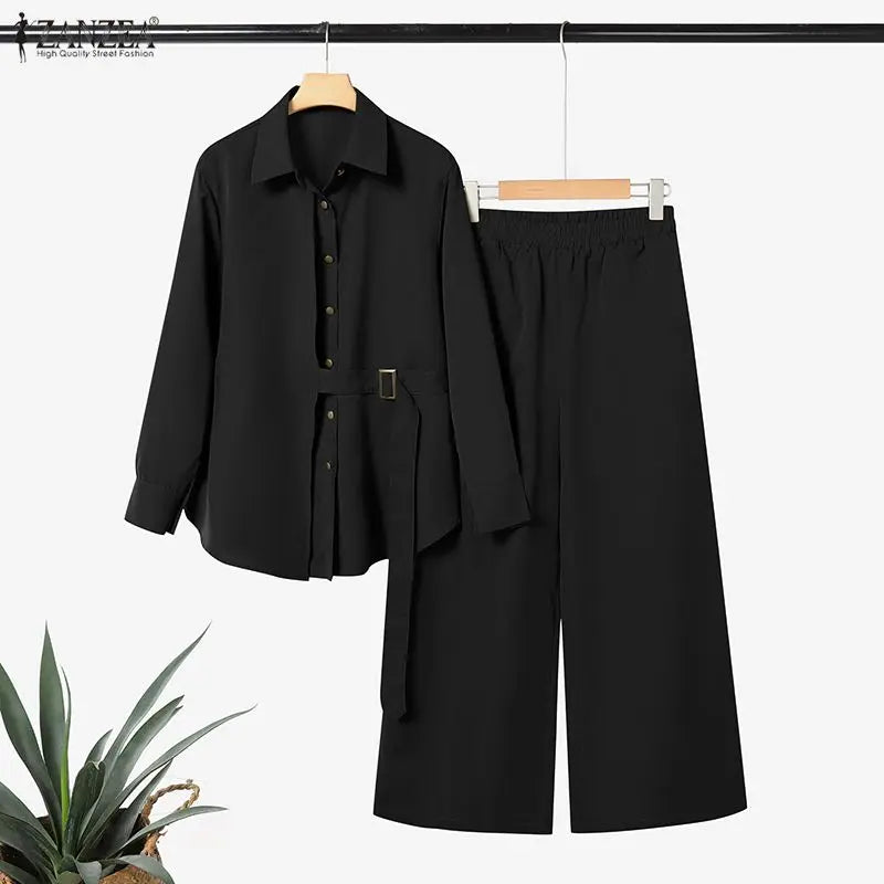 Modest Pant Suits for Hijabs Women Fashion Sashes Long Sleeve Shirts and Elastic Waist Pants 2 Piece Muslim Sets Islamic Outfits