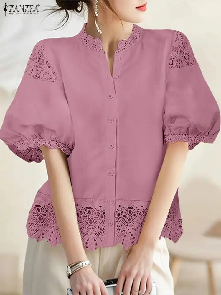 ZANZEA Women's Elegant Lace Patchwork Shirts O-Neck Half Lantern Sleeve Button Up Blouses 2025 Autumn Solid Color Woman Clothing