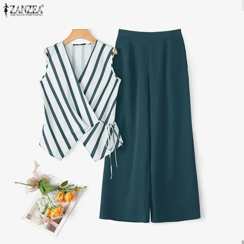 ZANZEA Fashion Summer V Neck Sleeveless Striped Tanks Tops Pants Sets Women Matching Sets Casual OL Work Outfits 2 Pieces Sets