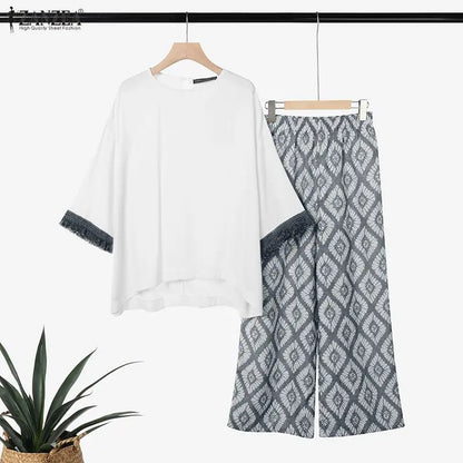 ZANZEA Spring 2 Pieces Sets Bohemain Tracksuit 2026 Women Stylish Printed Pant Sets 3/4 Sleeve Blouse Trousers Holiday Outfits