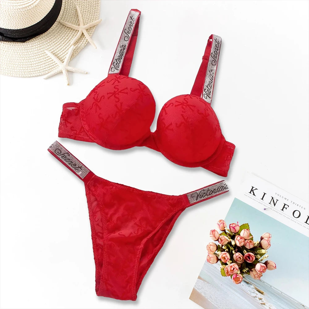 Victoria's Secret Lingerie Set Heart Pattern Trim Stretchy Breathable underwear Set Women's Sexy Lace Bralette Bra and Panty Set
