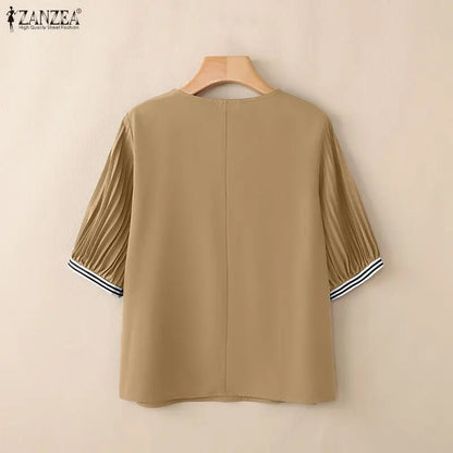 ZANZEA Women Contrast-Trum Blouse Korean Fashion V-Neck Half Zipper Pleatd 3/4 Lantern Sleeve Tops Summer Casual Blusa de Mujer