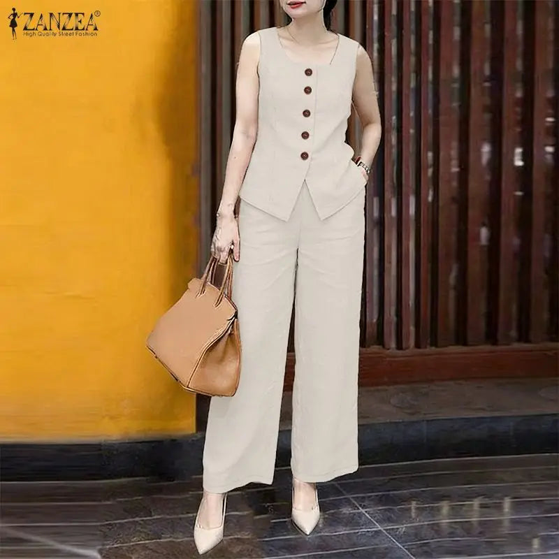 ZANZEA Women Summer Matching Pant Sets Square Neck Vests & Elastic Waist Pants 2 Piece Suits Casual Office Work Commute Outfits