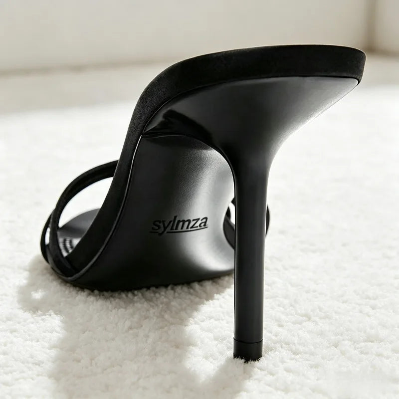 Luxury Metal Detail Satin Heeled Sandals Women Unique Cross Tied Open-toe Slide Sandals Fashion Round-toe Stiletto Party Heels
