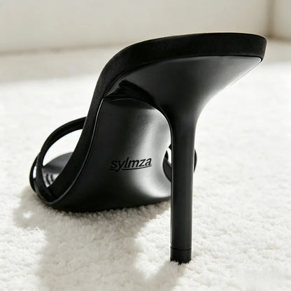 Luxury Metal Detail Satin Heeled Sandals Women Unique Cross Tied Open-toe Slide Sandals Fashion Round-toe Stiletto Party Heels