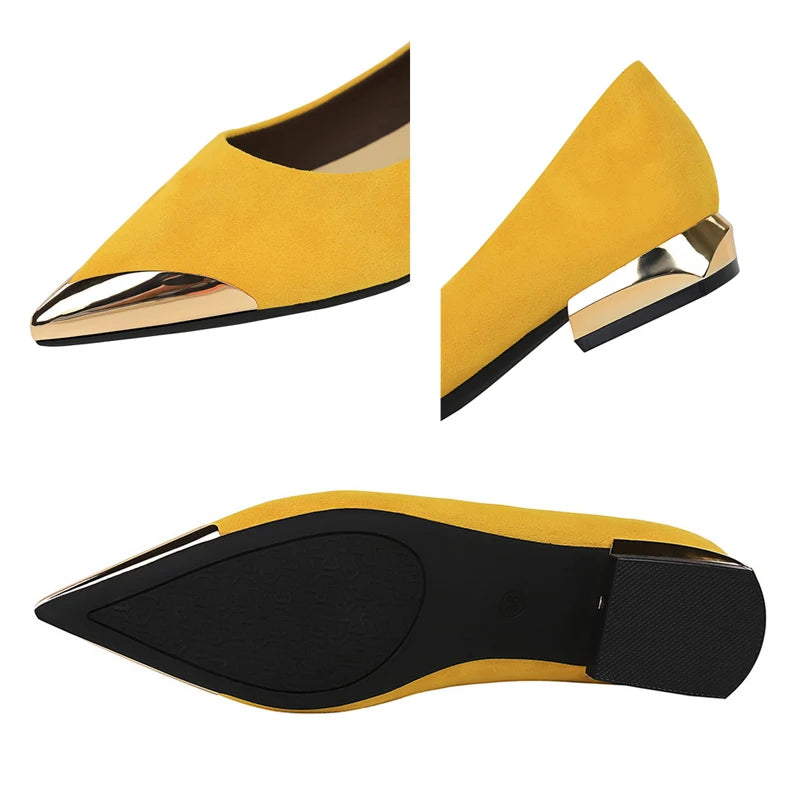New Women Low Heeled Shoes Suede Ladies Shoes Metal Pointed Tip Women Shoes Comfort Female Shoes Low Heel Office Shoes 6 Color
