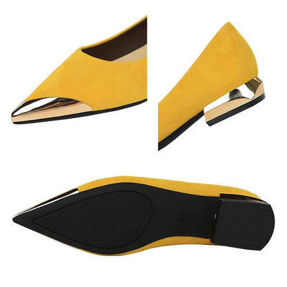 New Women Low Heeled Shoes Suede Ladies Shoes Metal Pointed Tip Women Shoes Comfort Female Shoes Low Heel Office Shoes 6 Color